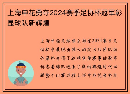 上海申花勇夺2024赛季足协杯冠军彰显球队新辉煌 上海申花勇夺2024赛季足协杯冠军彰显球队新辉煌